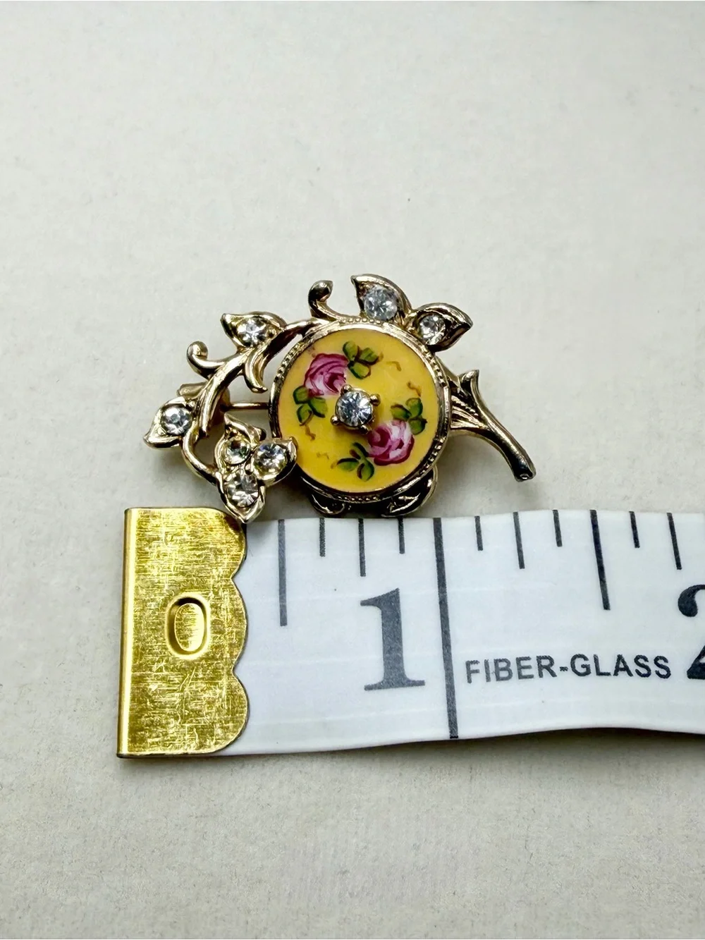 Vintage Yellow Floral Rose Cabochon Brooch Pin with Clear Rhinestones